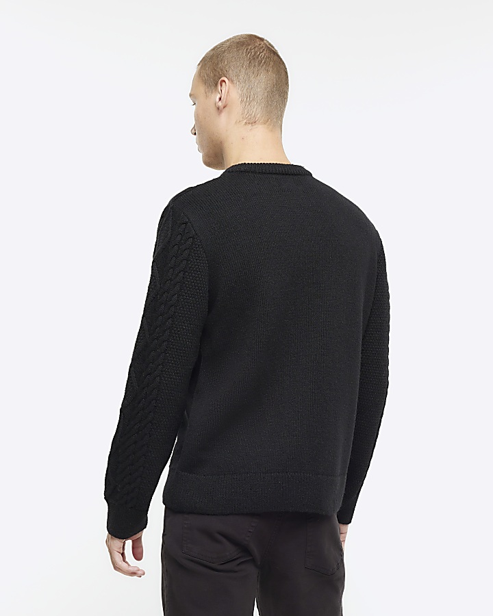 Black slim fit cable knit jumper | River Island