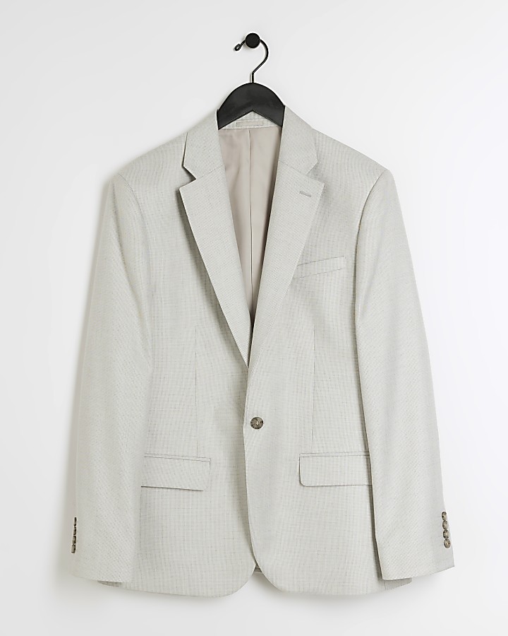 Ecru slim fit textured suit jacket