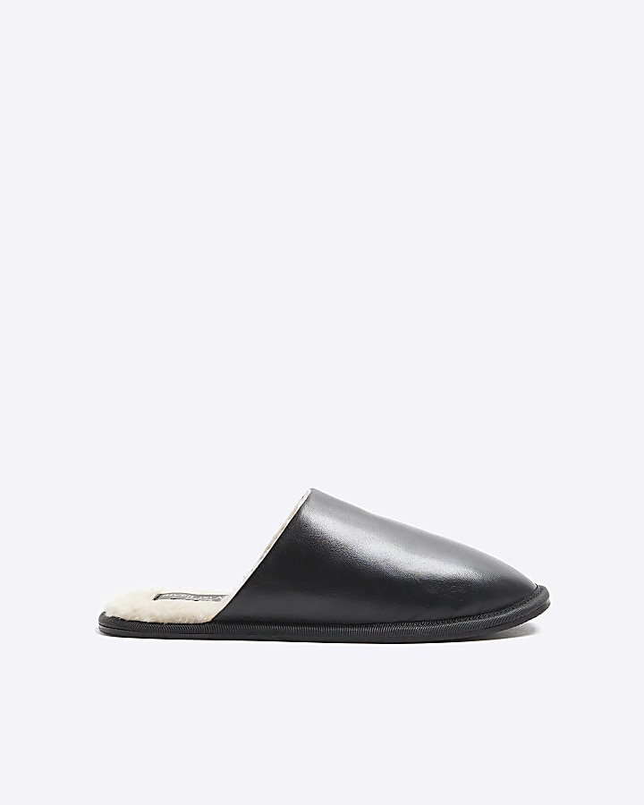 Black leather slippers River Island