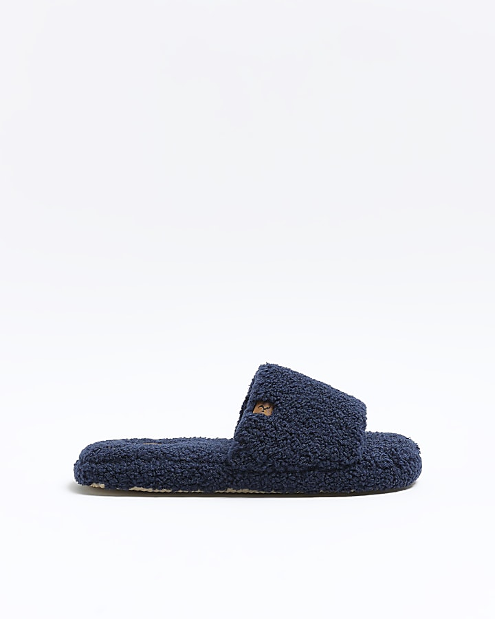 Navy shearling slippers