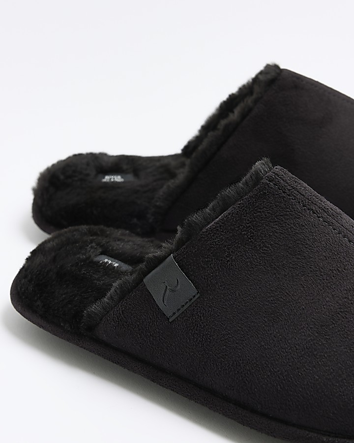 Black suedette slippers River Island