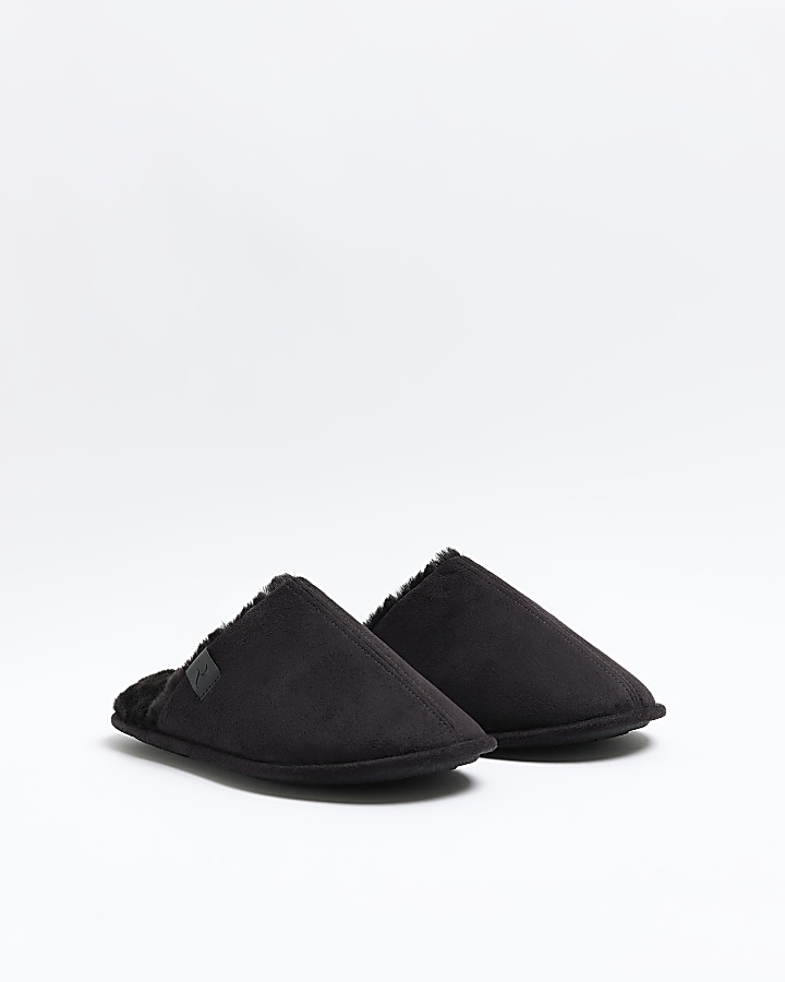 Black suedette slippers River Island