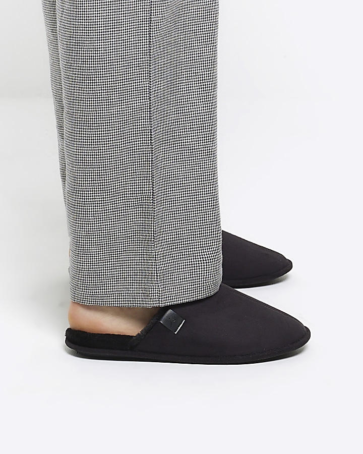 Black suedette slippers River Island