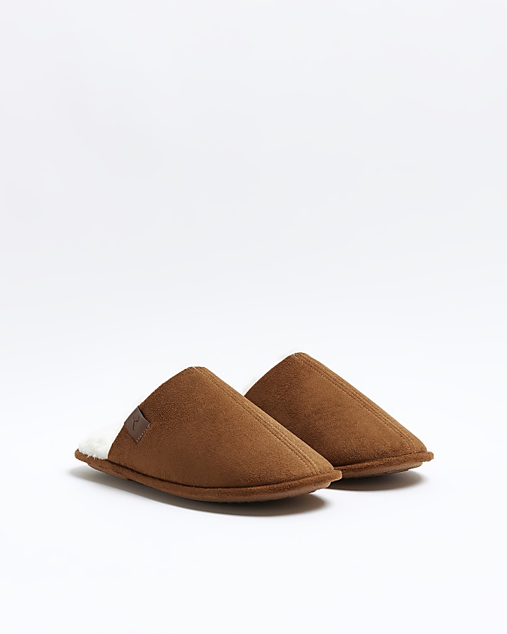 Brown suedette slippers River Island