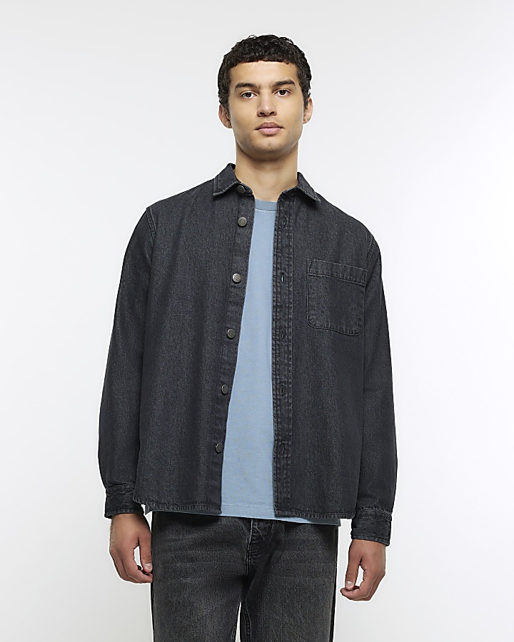 Washed black regular fit denim shirt