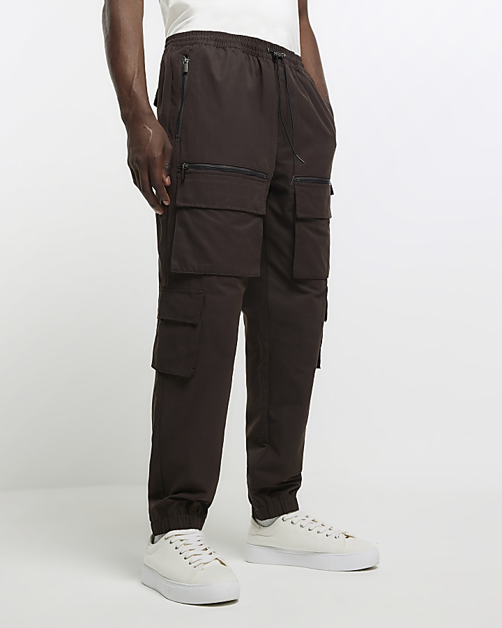 Brown slim fit multi pocket cargo trousers