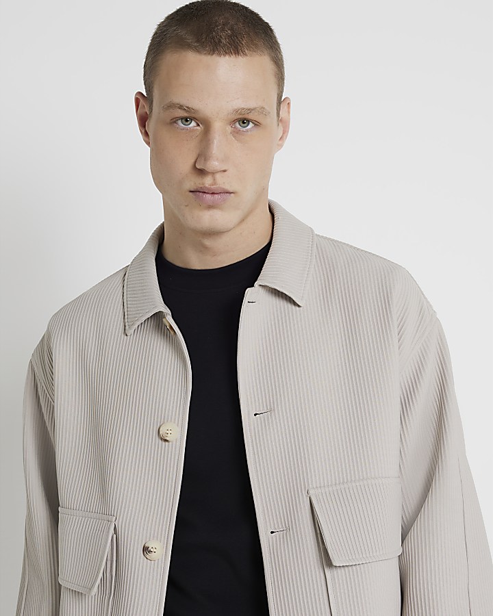Beige regular fit plisse harrington jacket
