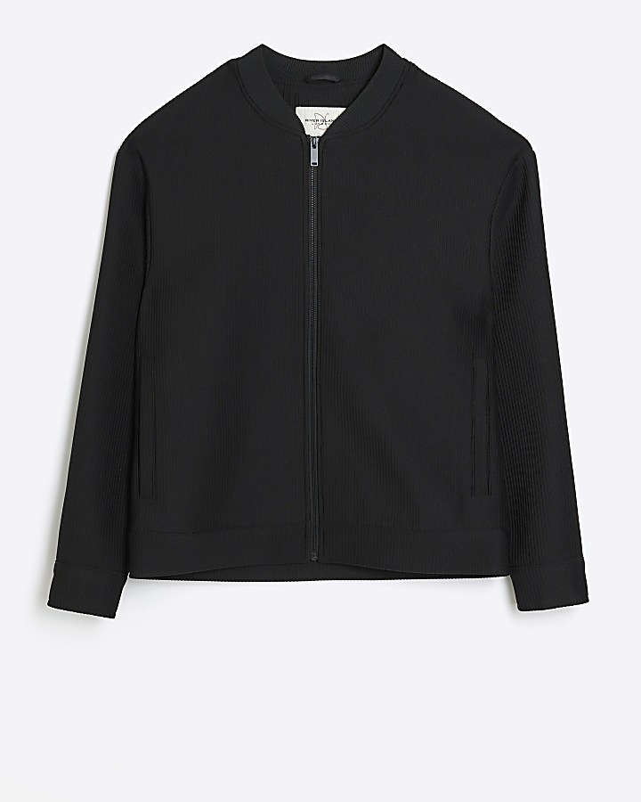 Black regular fit plisse zip bomber jacket