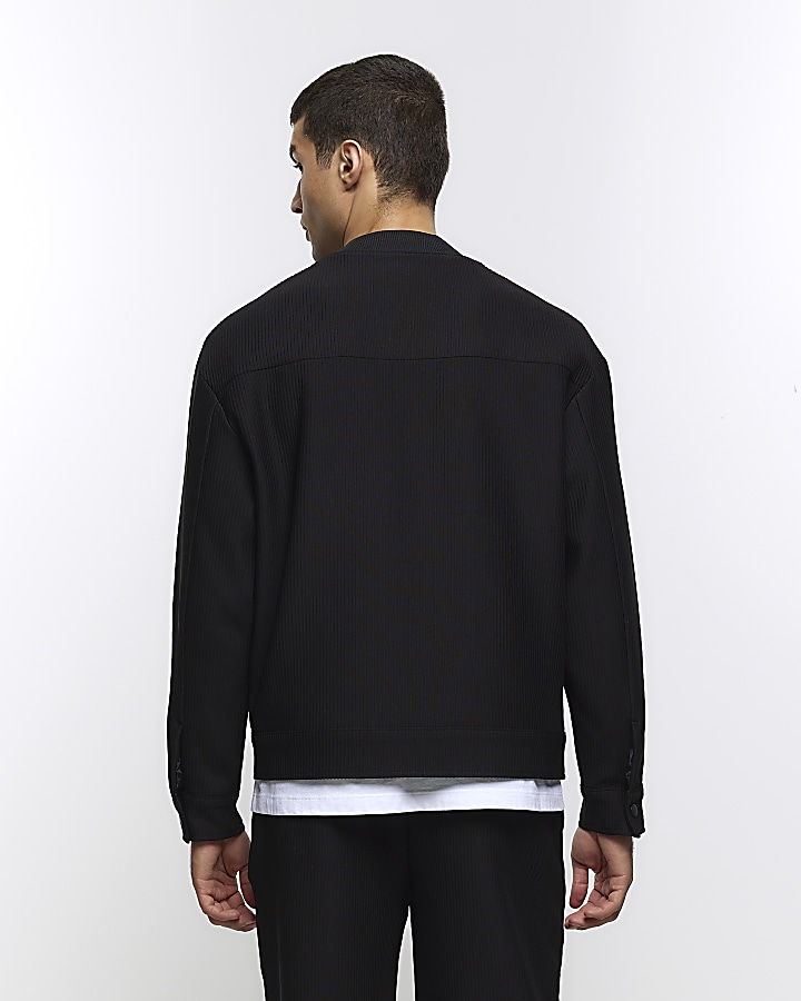Black regular fit plisse zip bomber jacket