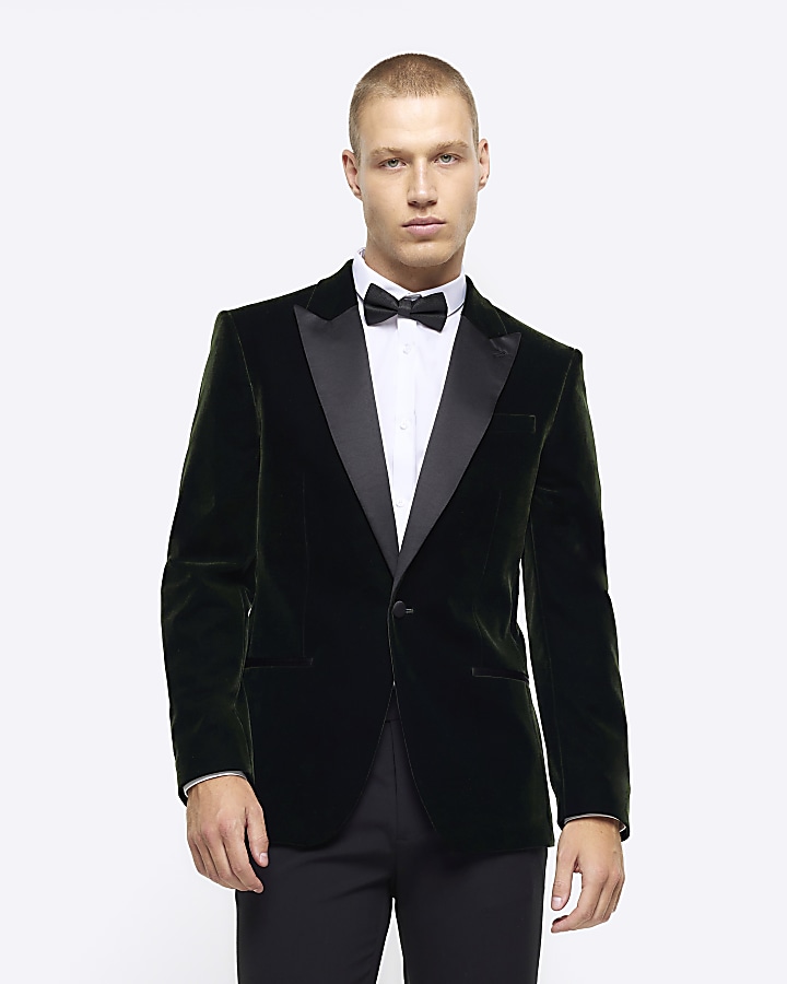 Green slim fit velvet tuxedo jacket | River Island