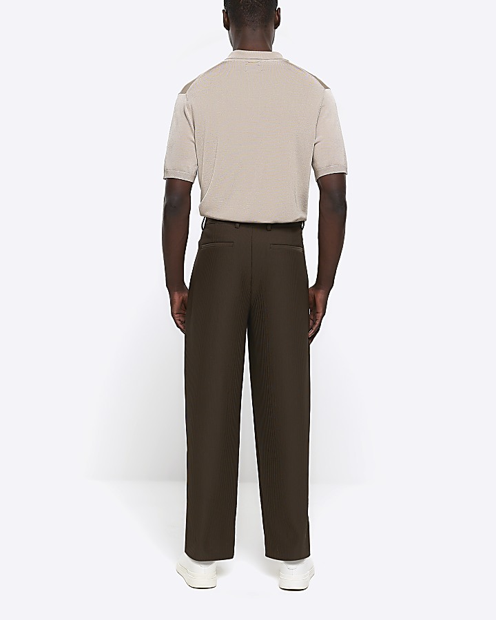 Khaki tapered fit plisse smart trousers | River Island