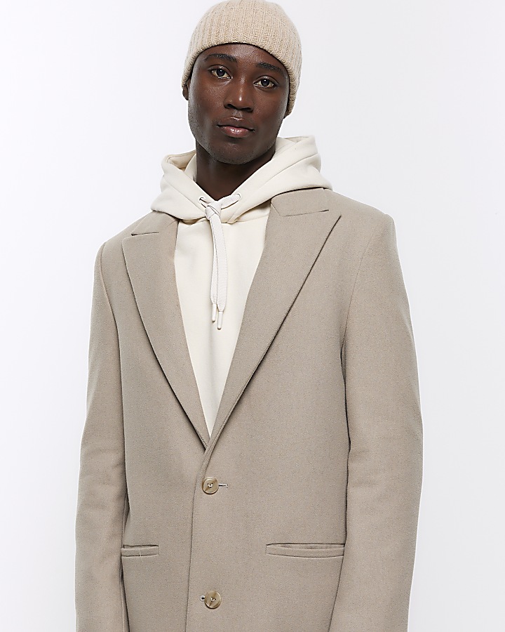 Beige regular fit wool blend premium coat