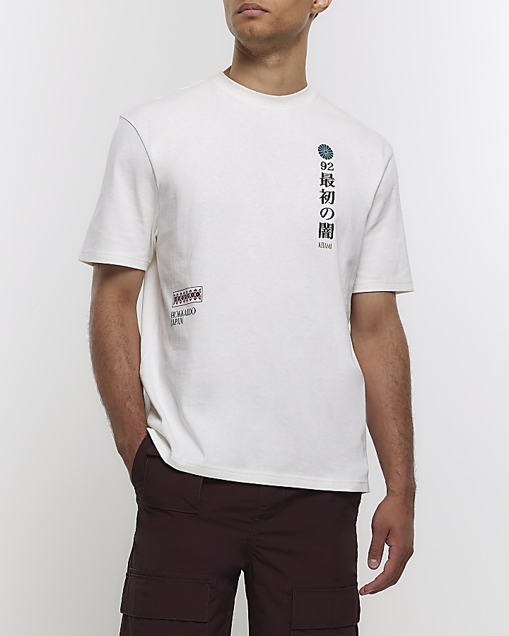 Beige regular fit Japanese graphic t-shirt
