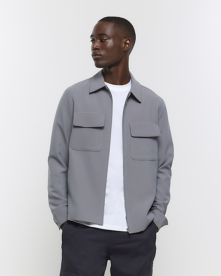 Dark grey regular fit zip up smart shacket | River Island