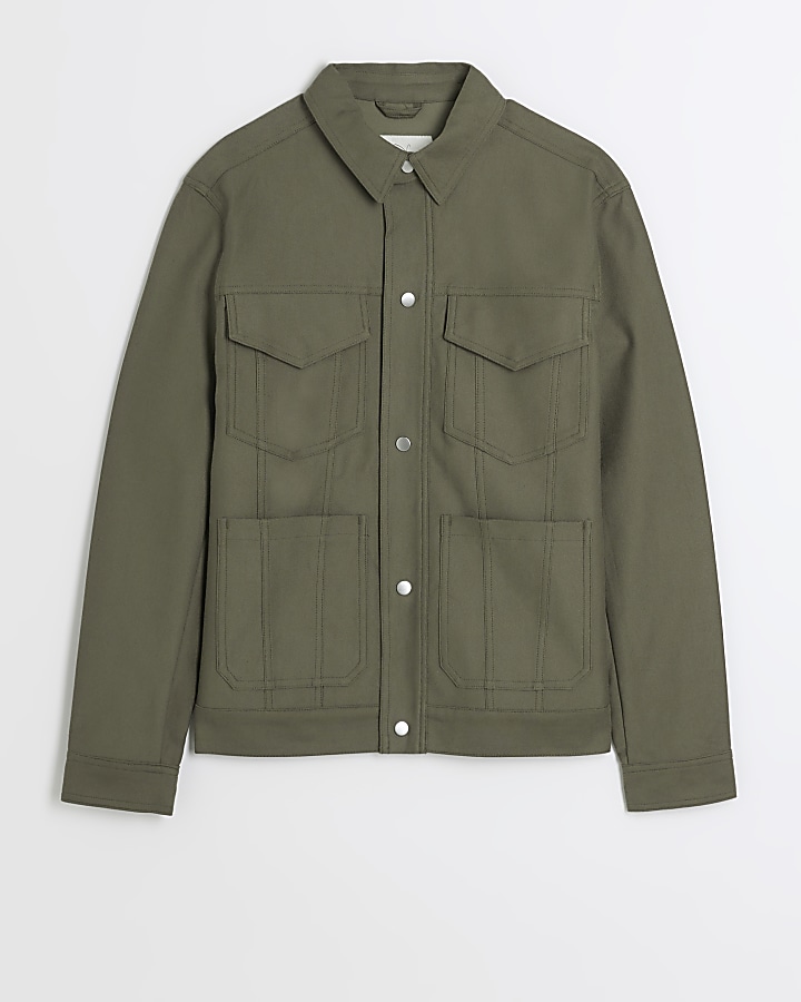 Khaki regular fit linen blend western jacket