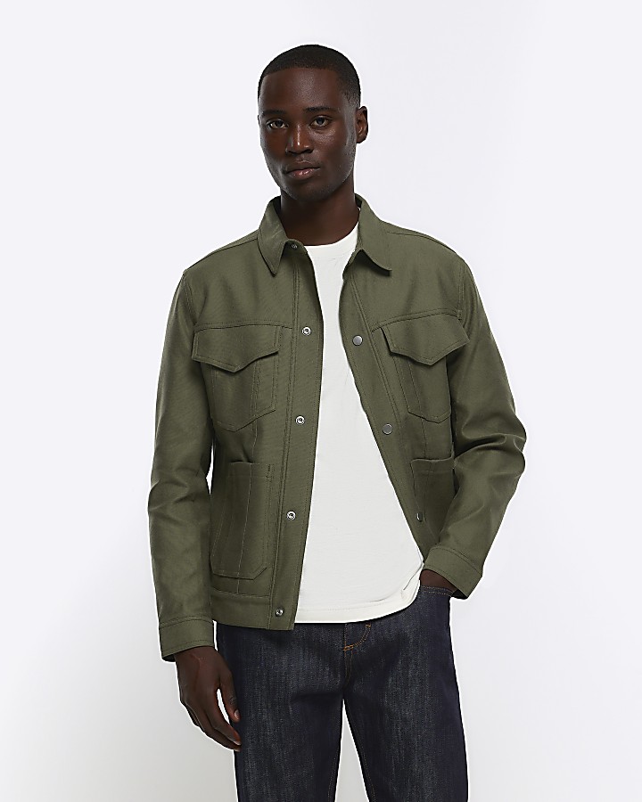 Khaki regular fit linen blend western jacket | River Island