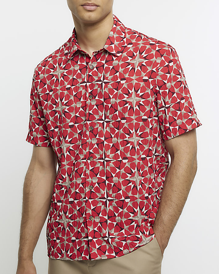 Red regular fit geo print textured shirt River Island