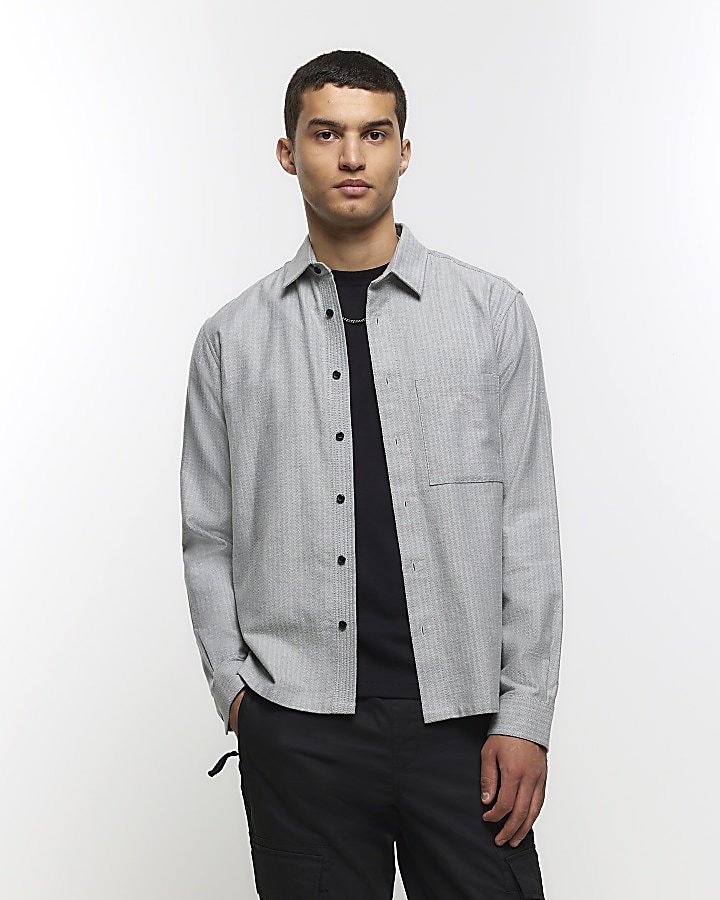 Grey regular fit herringbone shirt