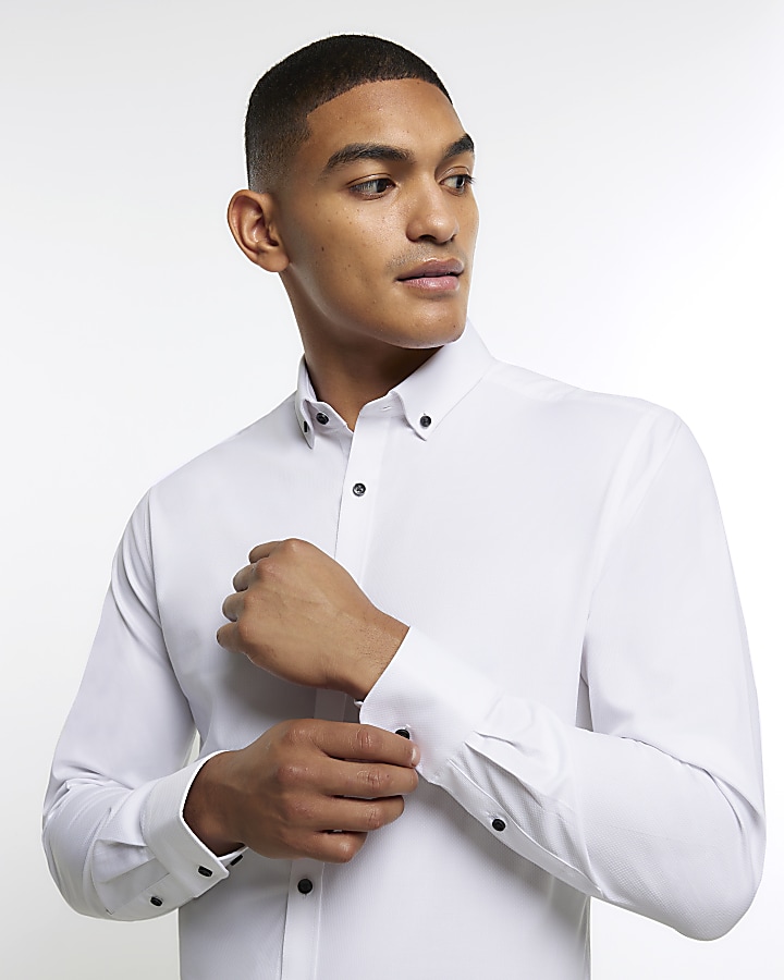 White muscle fit textured smart shirt