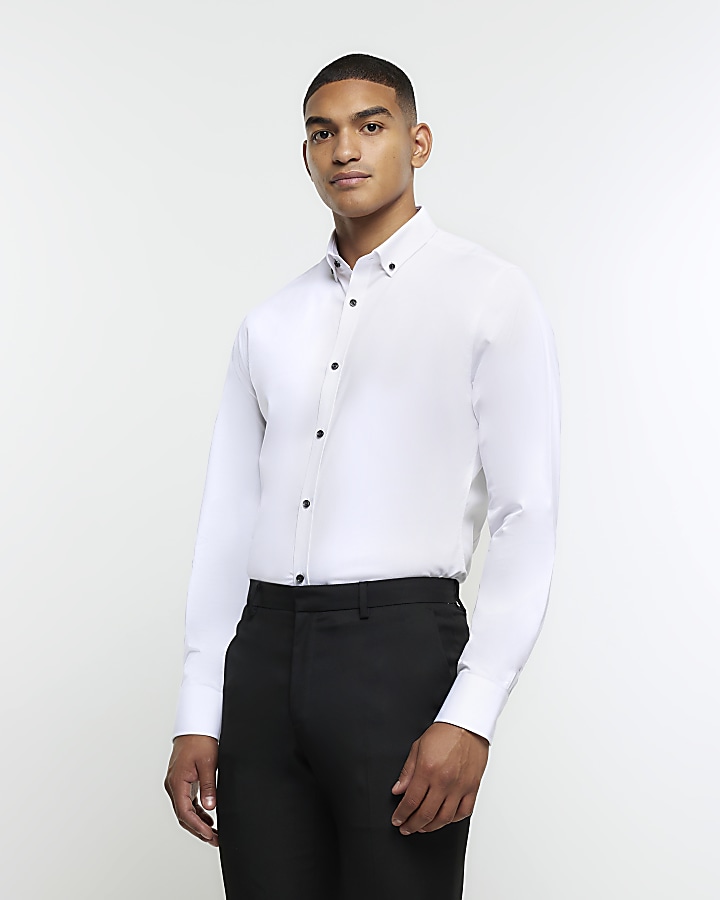 White muscle fit textured smart shirt