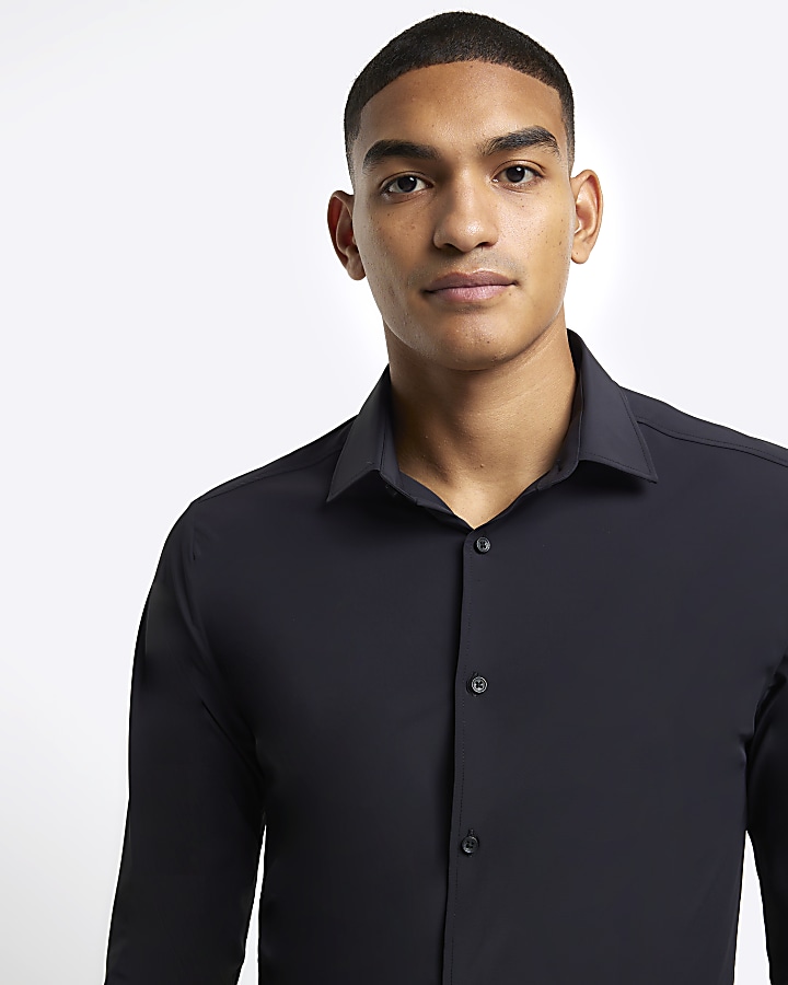 Black Slim Fit Long Sleeve Smart Shirt | River Island