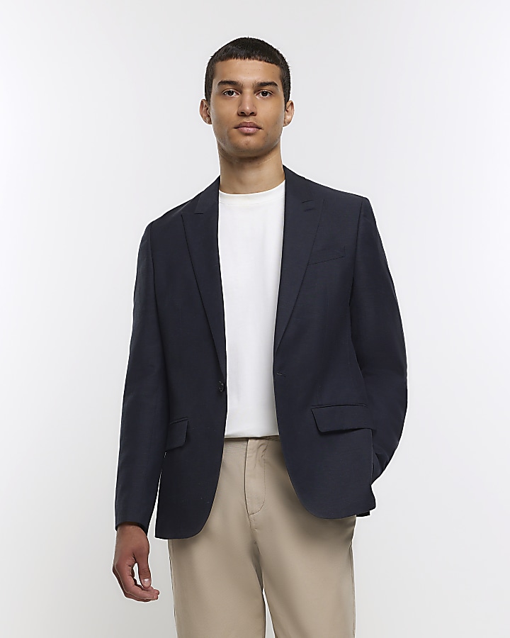 Grey slim fit linen blend suit jacket