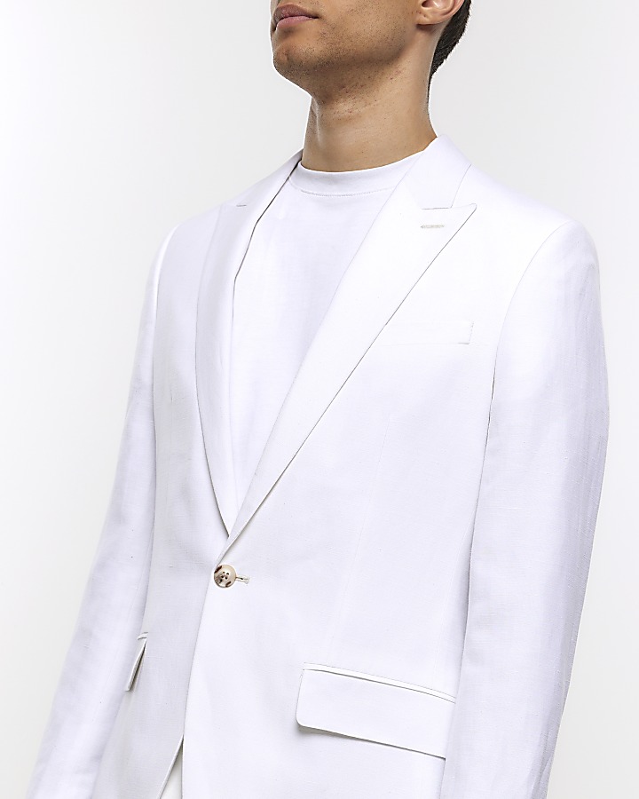 White slim fit linen blend suit jacket