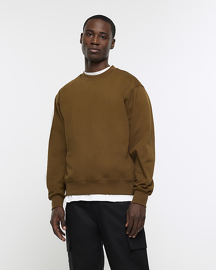 Brown regular fit wool blend sweatshirt