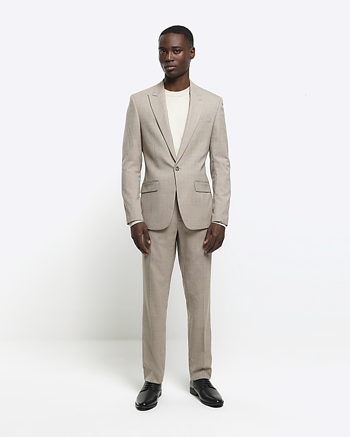 Beige slim fit wool blend suit jacket