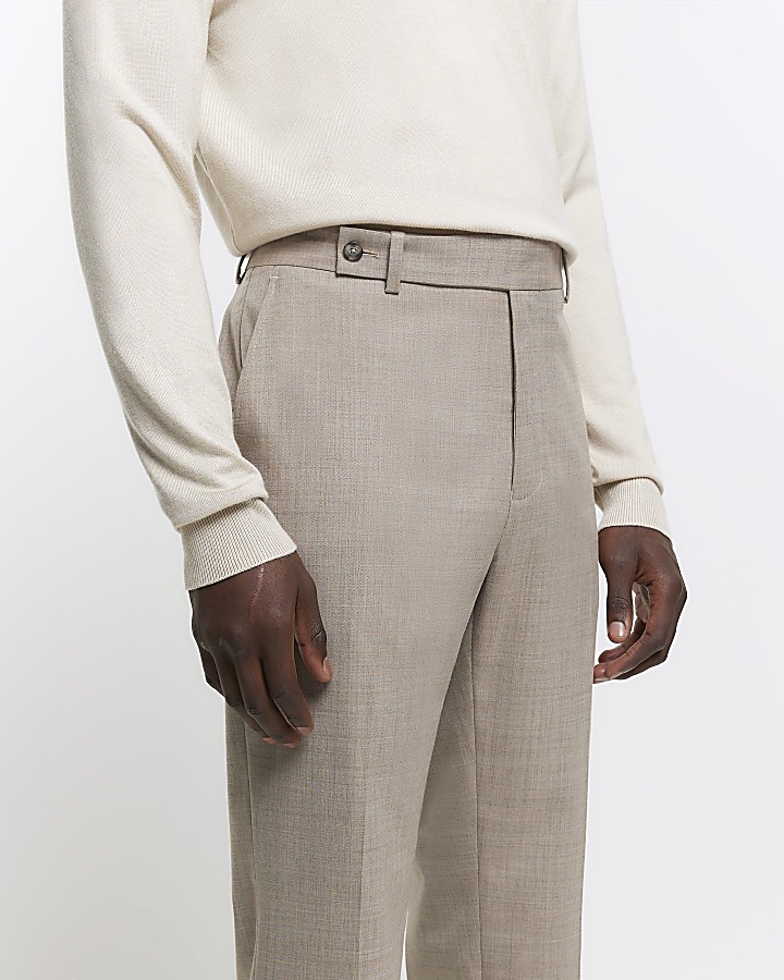 Beige slim fit wool blend suit trousers