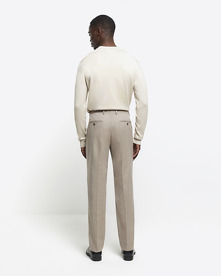 Beige slim fit wool blend suit trousers