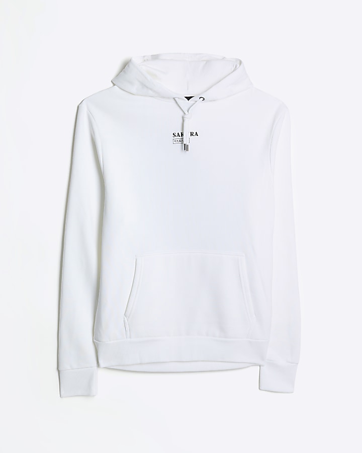 White regular fit Japanese print hoodie