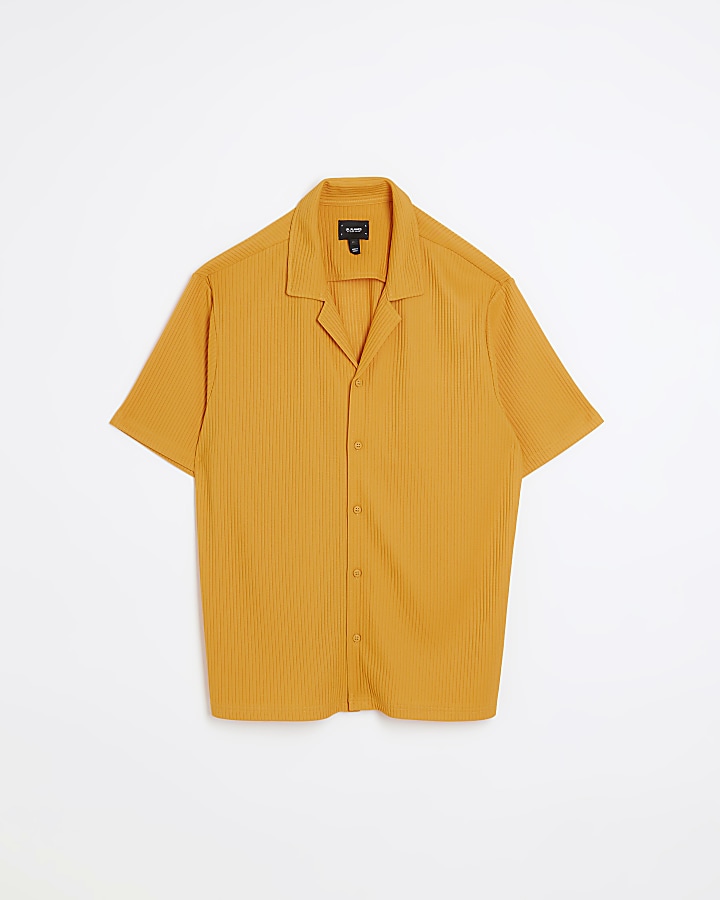 Orange regular fit plisse revere shirt
