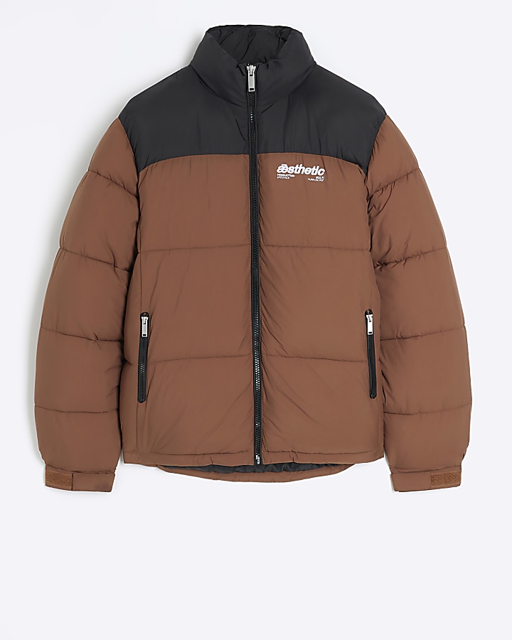 Rust regular fit colour block puffer jacket