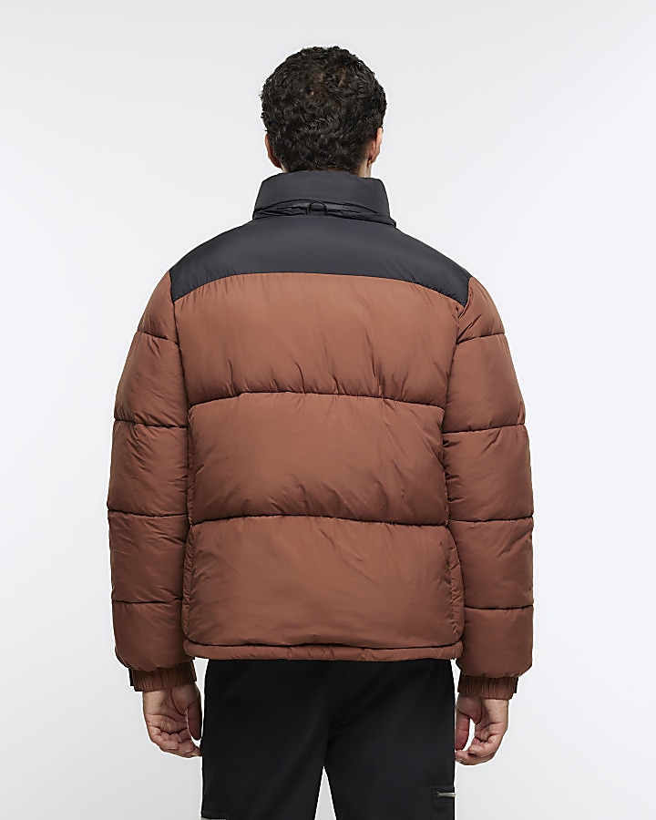Rust regular fit colour block puffer jacket