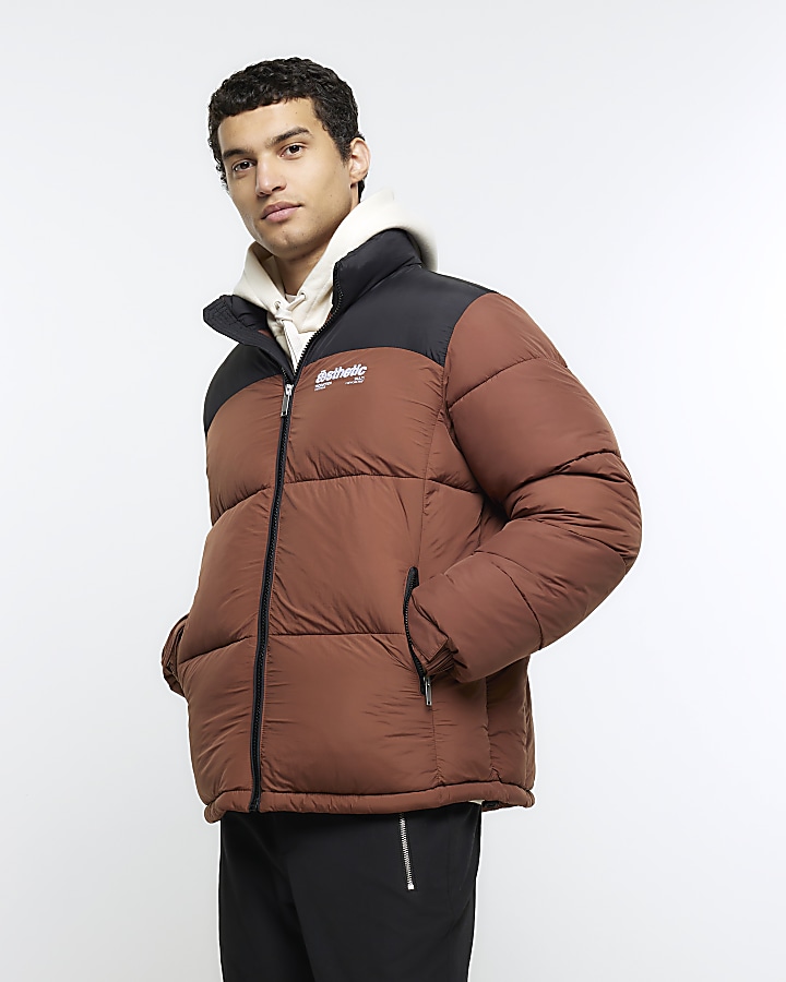 Rust regular fit colour block puffer jacket