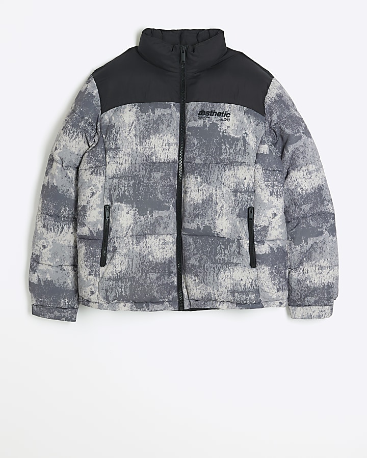 Grey regular fit print puffer jacket