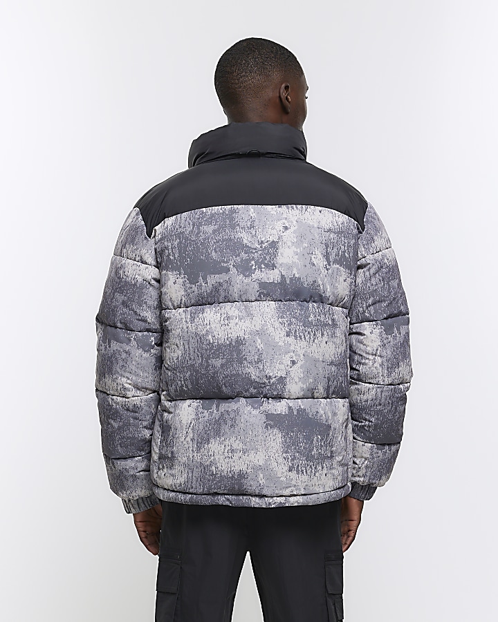 Grey regular fit print puffer jacket