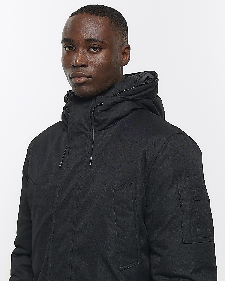 Black regular fit hooded parka jacket