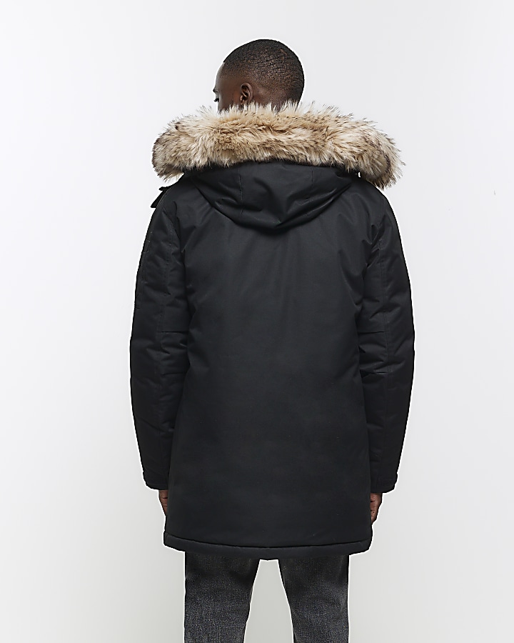 Black regular fit hooded parka jacket