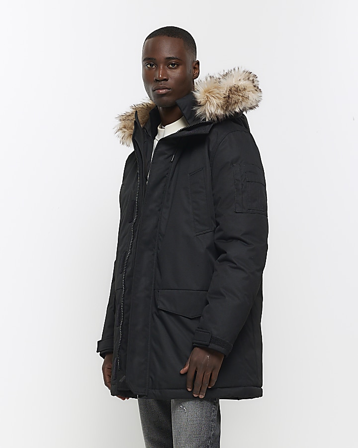 Black regular fit hooded parka jacket