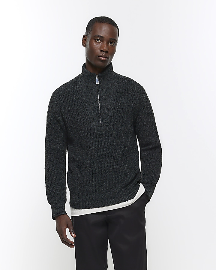 Grey slim fit soft rib half zip jumper | River Island