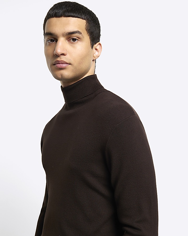 Brown slim fit rolled neck jumper River Island