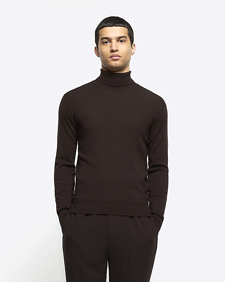 Brown slim fit rolled neck jumper