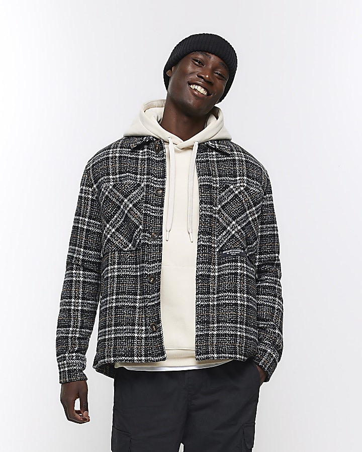 Black Regular Fit Borg Lined Check Overshirt