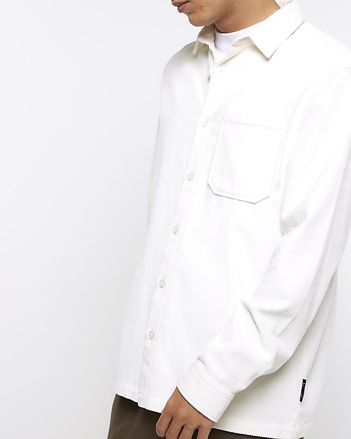 White regular fit corduroy long sleeve shirt