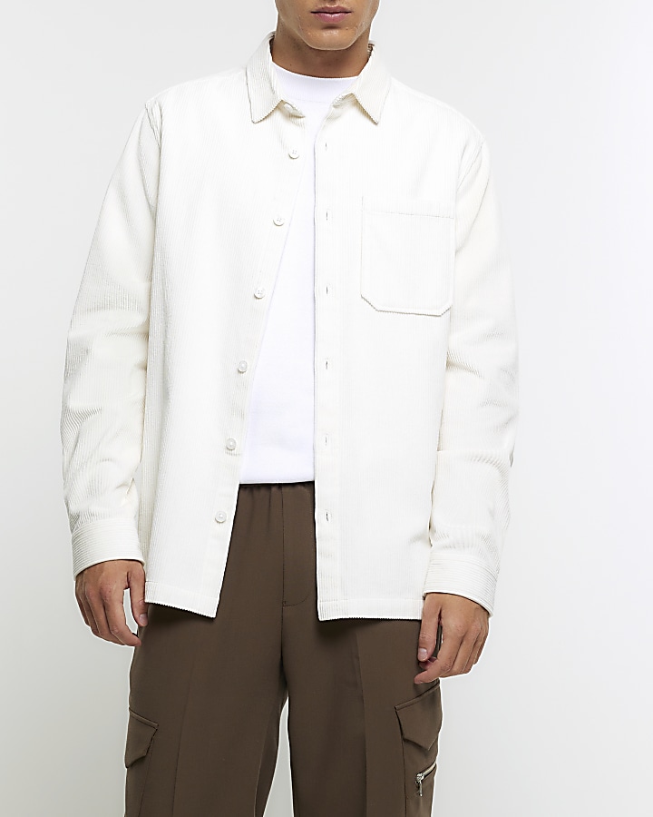 White regular fit corduroy long sleeve shirt