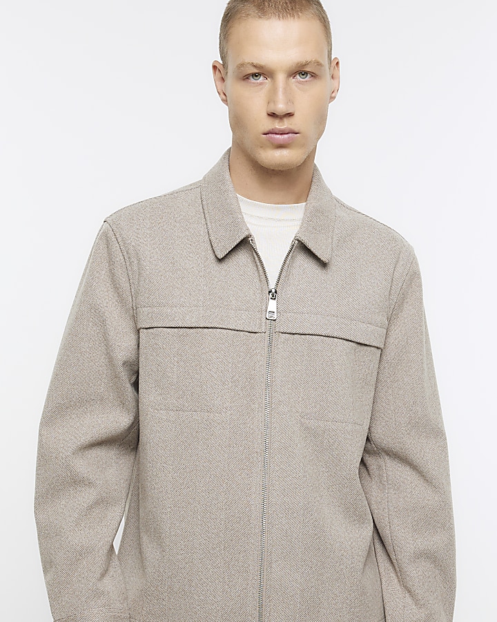 Stone regular fit wool blend zip up shirt