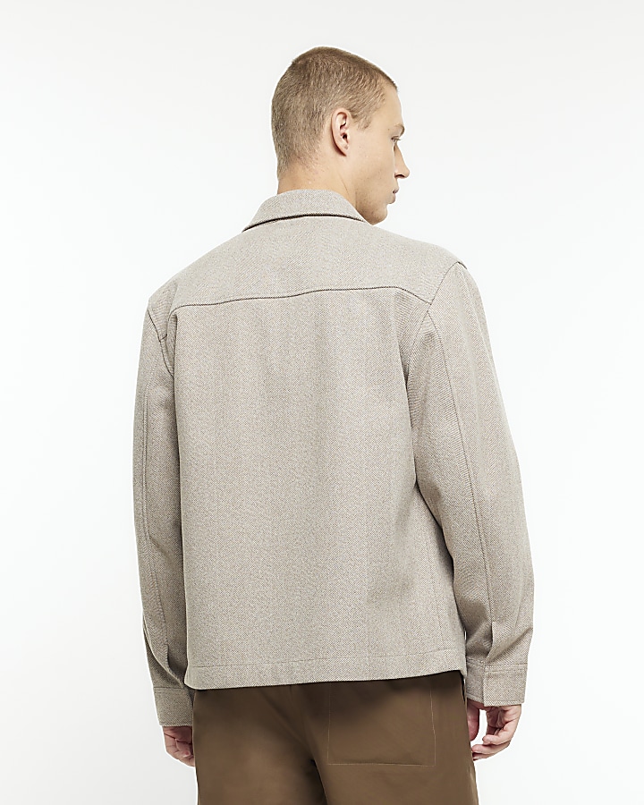Stone regular fit wool blend zip up shirt