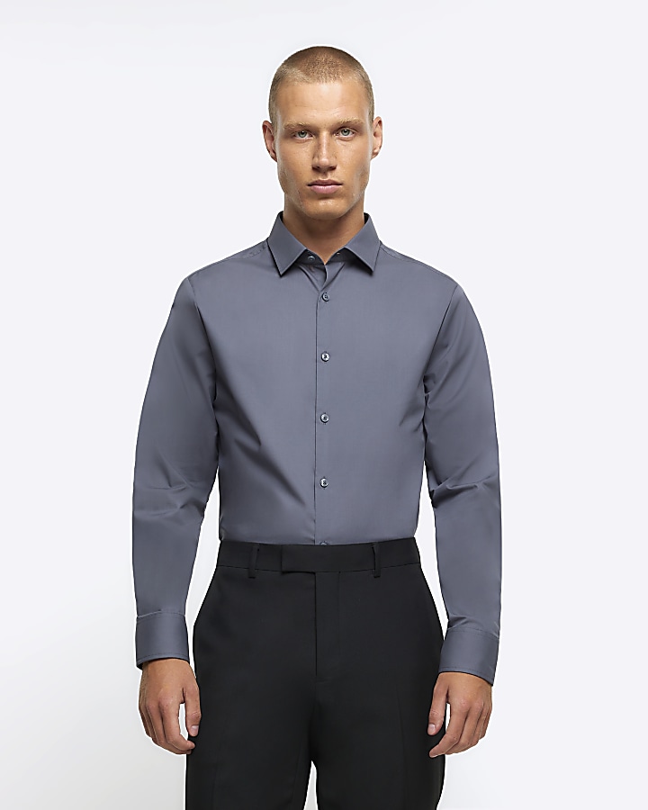 Grey slim fit smart shirt | River Island
